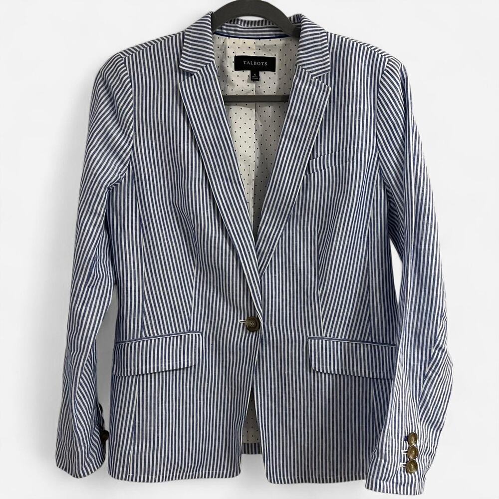 Talbots Seersucker Blazer Blue + White Stripes